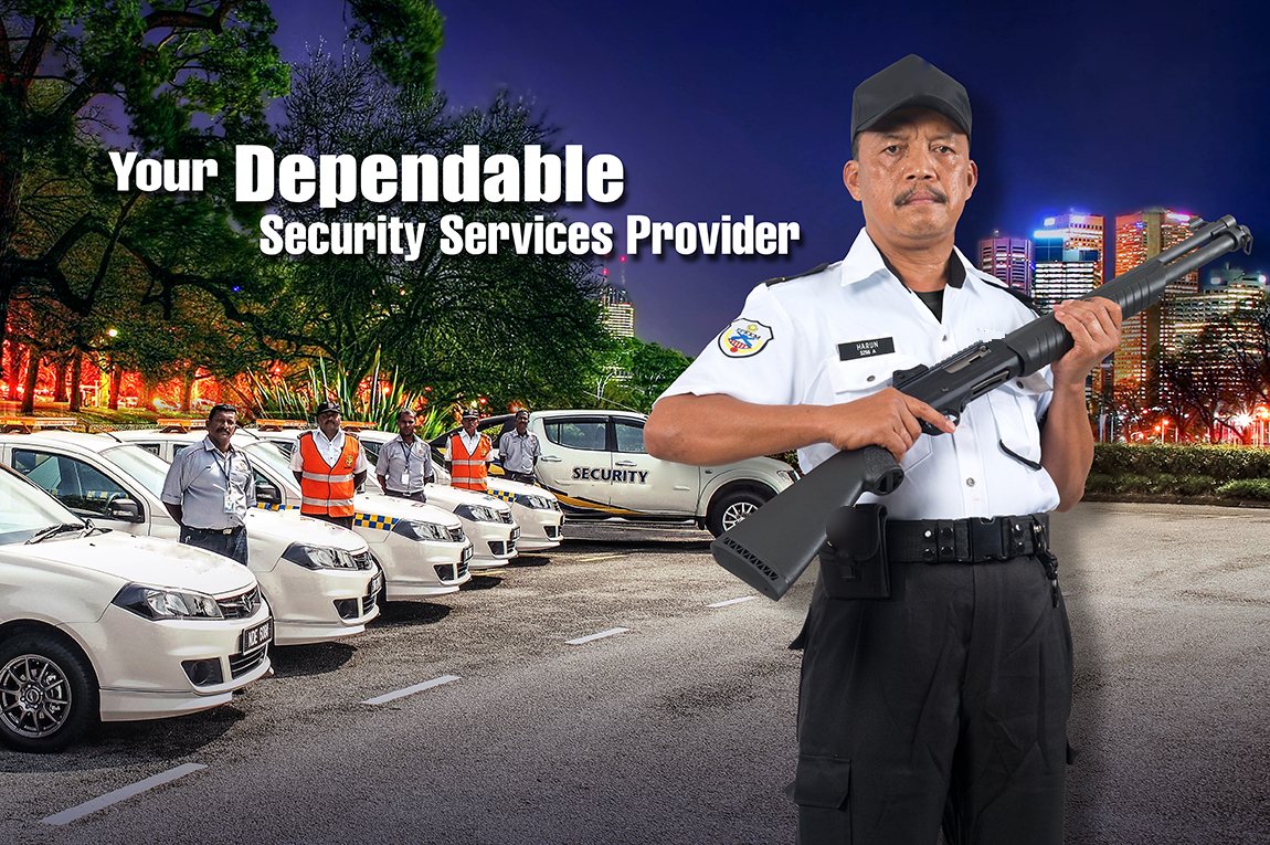 Security guard standing in front of a row of patrol cars at night. Caption: Your dependable security services provider.