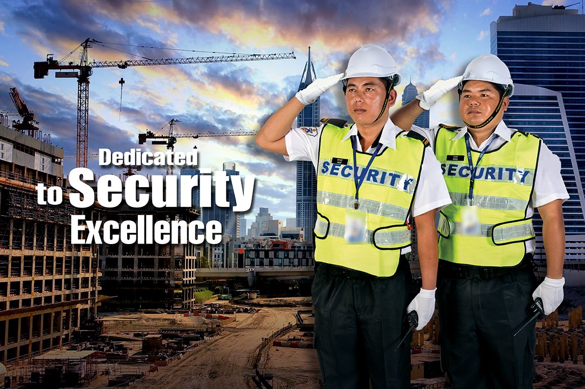 Two security guards in helmets and reflective vests saluting at a construction site. Caption: Dedicated to security excellence.