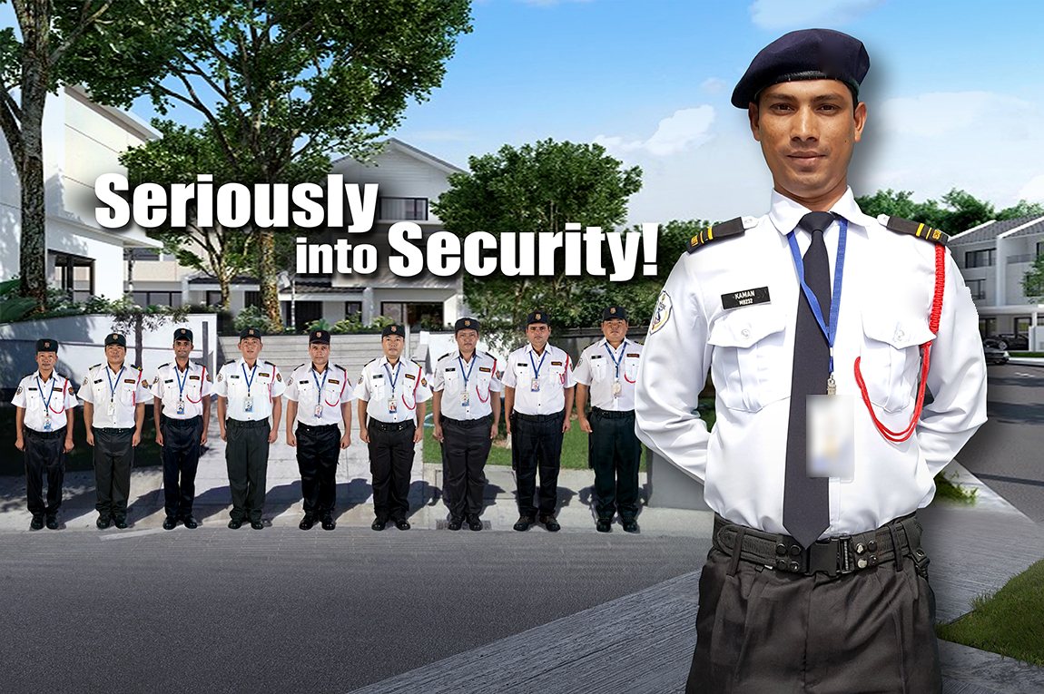 Security guard in beret with a team of guards lined up in a residential area. Caption: Seriously into security.